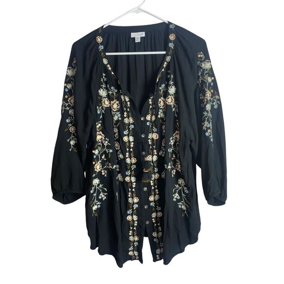 J. Jill Embroidered Black Peasant Blouse 2X Boho Floral Button Front Tassel Tuni - Picture 1 of 7
